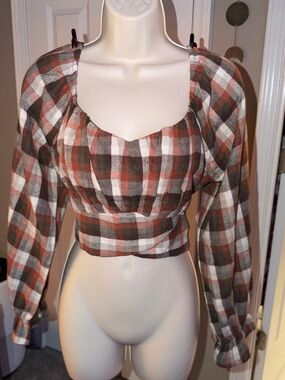 Pink Lily Plaid Cropped Peasant Top